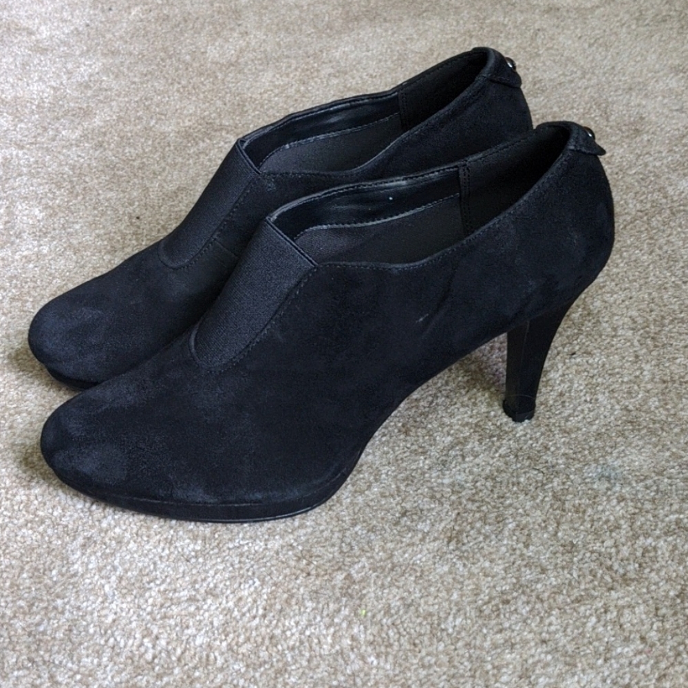 Anne Klein black suede bootie heels
